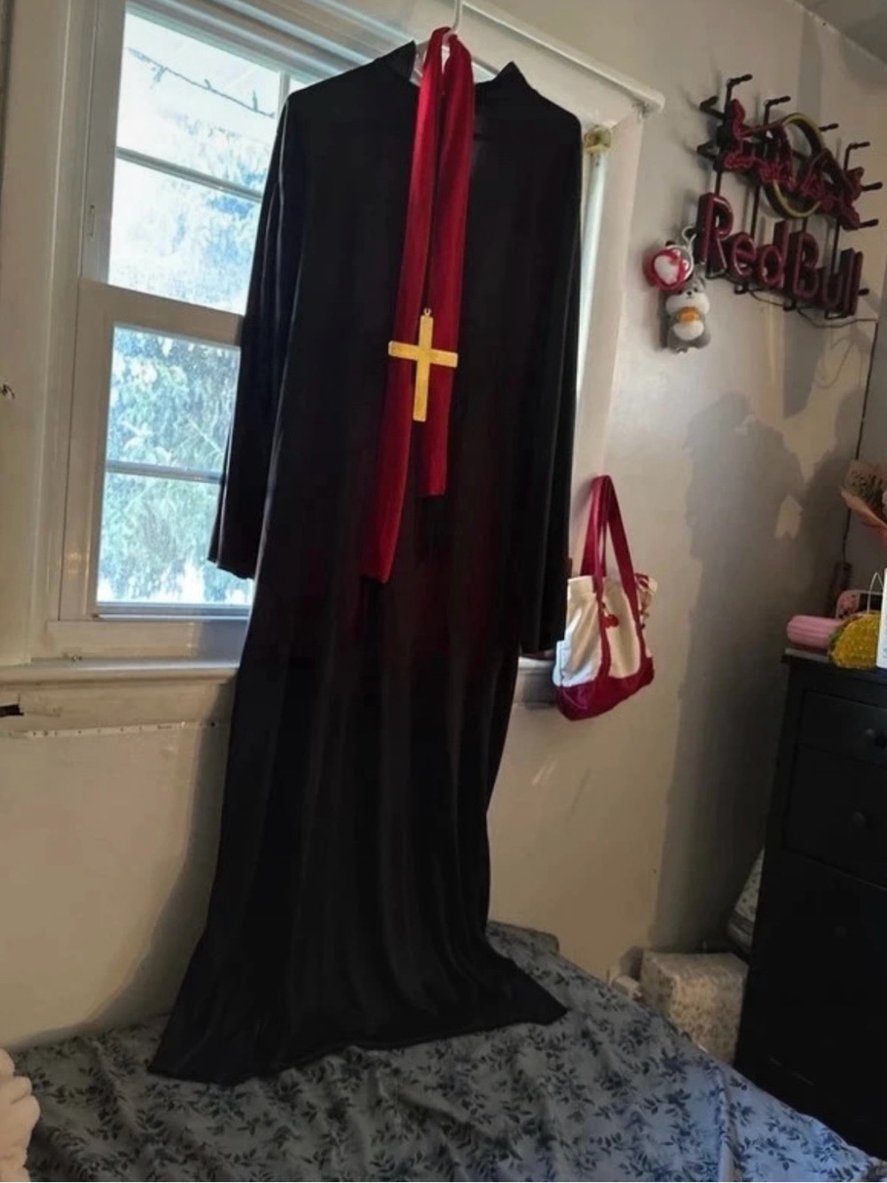 Men’s Black Priest Costume with Red Stole and Gold Cross
